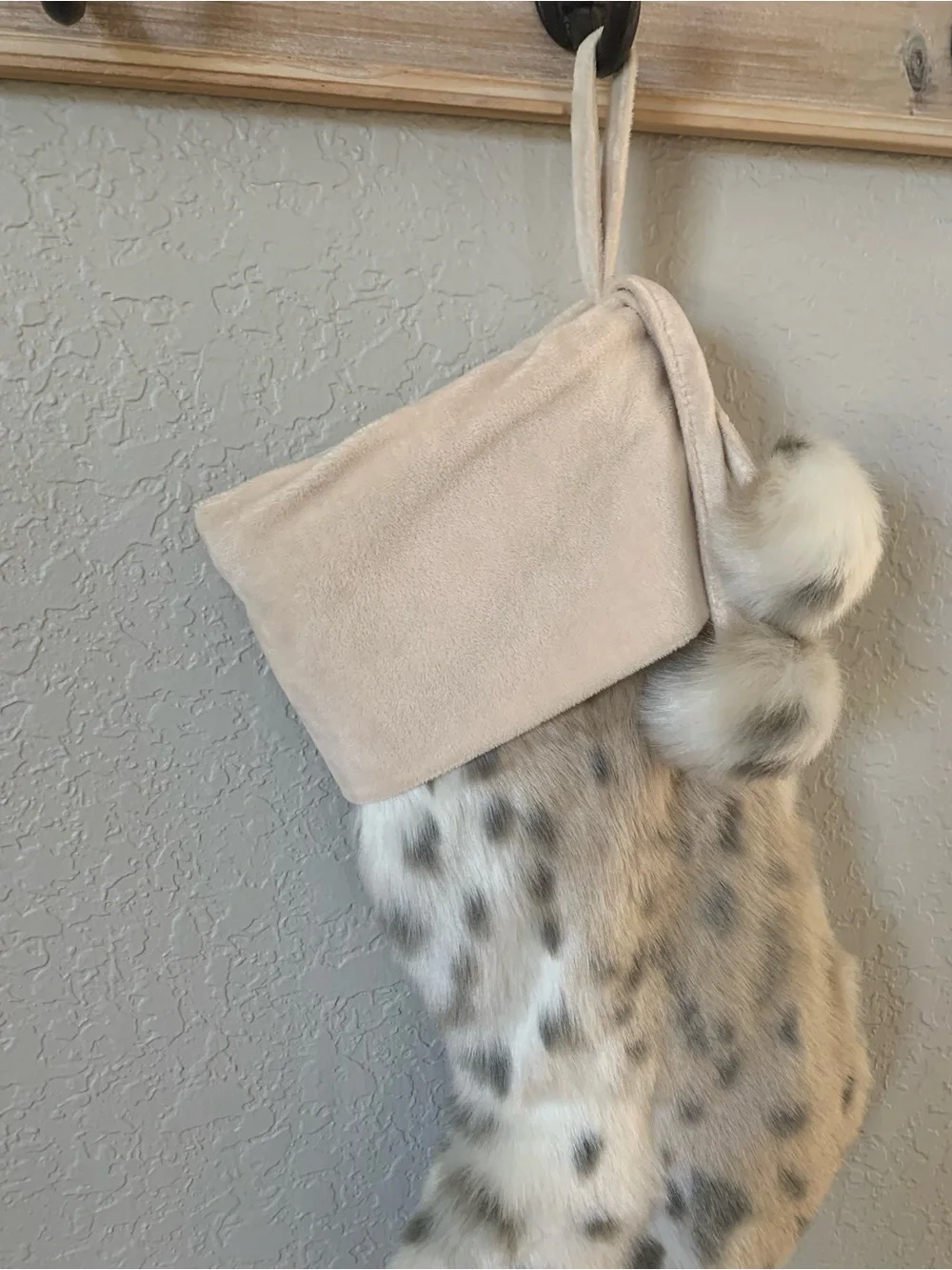Pottery Barn Teen Faux Fur Holiday Stocking in Cream and Tan Leopard pattern